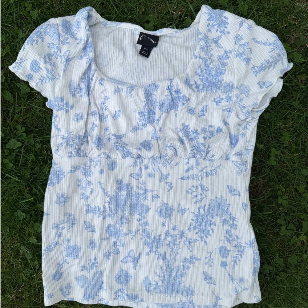 Art Class Girls Blue Floral Ribbed Top Short Sleeve Cottagecore (SZ M 8)